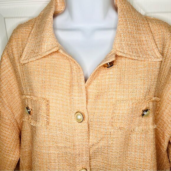 Andree Oversized Pearl Button Down Tweed Shacket Peach M - Picture 5 of 13